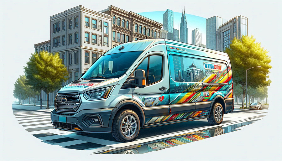 Modern van with vehicle wrap on the road in the city